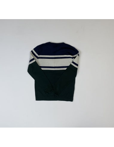 Pull bleu fines lignes blanche