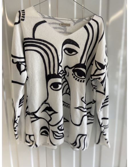 Pull doudou blanc dessins visages