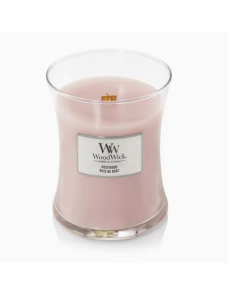 GROTE Woodwick Geurkaars - Rozenhout. Brandduur: 120 uur.  Afmetingen: 18 cm hoog en 10,50 cm in diameter. 609 gram