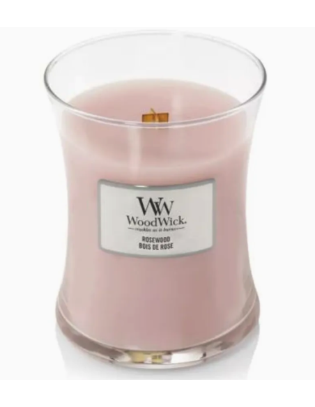 MOYENNE Bougie parfumée WoodWick - Bois de rose. Temps de brûlage: 60h. Taille: 10,50cm de haut et 10cm de diamètre. 275 g