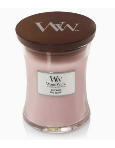 MOYENNE Bougie parfumée WoodWick - Bois de rose. Temps de brûlage: 60h. Taille: 10,50cm de haut et 10cm de diamètre. 275 g