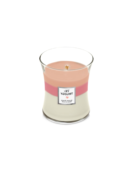 MEDIUM Woodwick Geurkaars Orchard in Blossom - geur: Yuzu Blossom, Pink Melon Peel, Magnolia. Brandduur: 60 uur.
