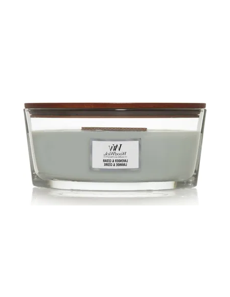 Woodwick Ellipse kaars. Geur: Lavendel en ceder. Brandduur 60 uur.