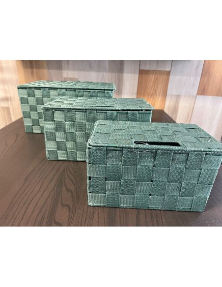 3 paniers verts de rangement.