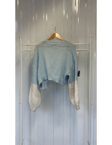 Kort gebreid vestje blauw en wit met...